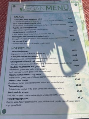 Separate vegan menu   at Bacchus in Paphos