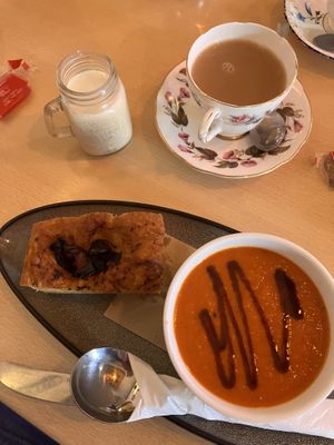 Non-dairy milk, vegan focaccia, vegan soup  at Brew Room in Windermere