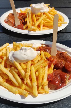 Currywurst with fries and mayo 10€ at M&M Curry 510 in Tampere