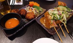 Starters: deep-fried cabbage balls (left) and satay tofu (right) at Soul Vegan in Edinburgh