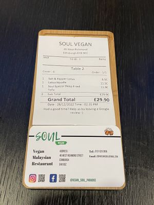 Bill for 2 people  #Veganuary at Soul Vegan in Edinburgh
