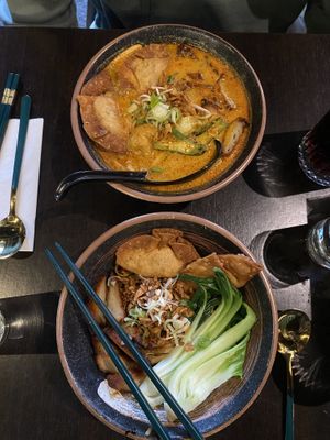 Laksa and gan Lee mee with char Sui and wonton   at Soul Vegan in Edinburgh