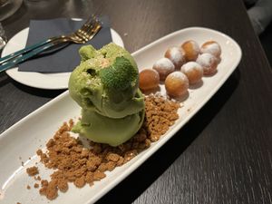 Deep fried sweet potato balls with green tea ice cream   at Soul Vegan in Edinburgh