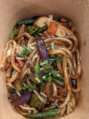 Fried oodon and veg takeaway at Soul Vegan in Edinburgh