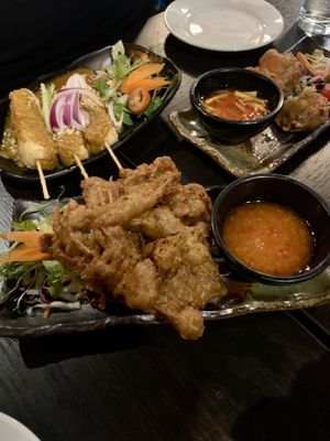 Crispy mixed mushrooms, satay tofu and sweet corn fritter   at Soul Vegan in Edinburgh