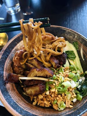 Noodles with wonton and char sui ‘pork'  at Soul Vegan in Edinburgh