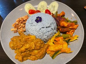 Nasi Lemak (special) – Malaysian coconut rice served with sambal beancurd, potato curry, archar and crispy beancurd (£16.80) at Soul Vegan in Edinburgh