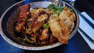 Gan Lau Mee (Dried Noodle with mock roasted meat and gyoza at Soul Vegan in Edinburgh
