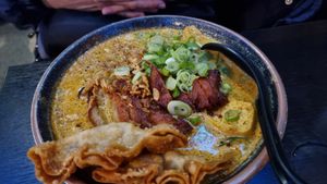 Laksa noodles (Spicy thick gravy added with rich coconut milk) at Soul Vegan in Edinburgh