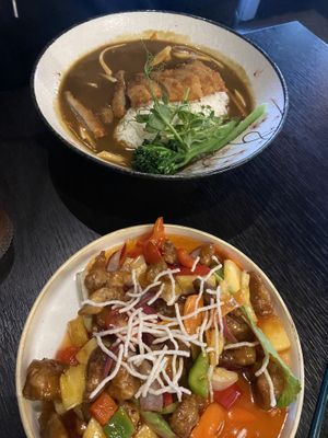 Katsu Curry and Sweet and Sour Lions Mane  at Soul Vegan in Edinburgh