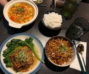 At the top: Mapo Tofu and Boiled Rice.
Up front: Soul's Special Deep Fried Tofu with Fried Noodles. at Soul Vegan in Edinburgh