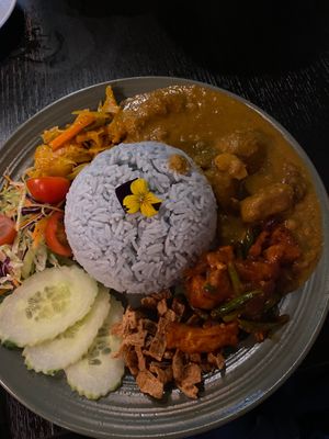 Nasi lemak special - coconut rice, potato curry, sambal beancurd, crispy beancurd and achar at Soul Vegan in Edinburgh