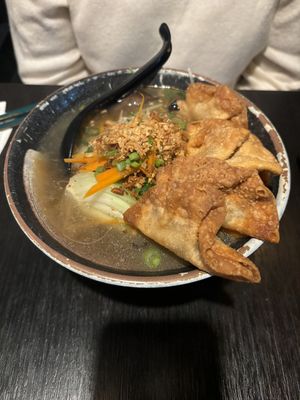 Noodles + dumplings in rich broth   at Soul Vegan in Edinburgh