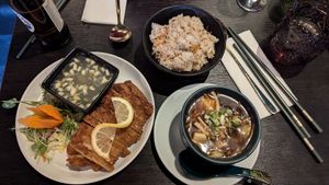 King oyster mushroom with lemon sauce, fried rice and hot & sour soup at Soul Vegan in Edinburgh