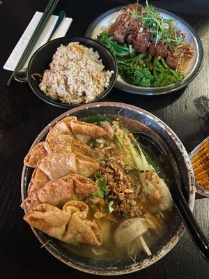 Fried rice, soul special deep fried tofu and wonton soup  at Soul Vegan in Edinburgh
