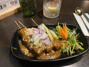 Tofu Satay and a lovely gin  at Soul Vegan in Edinburgh