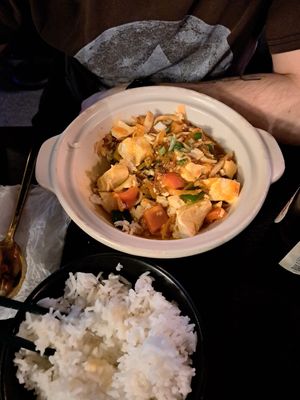 Mapo tofu with rice (photo also taken later on) at Soul Vegan in Edinburgh