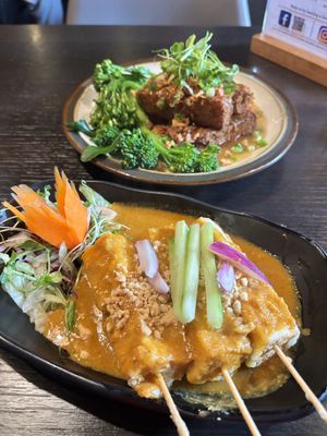 Satay tofu, and deep friend tofu with broccoli   at Soul Vegan in Edinburgh