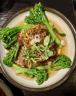 Soul’s special deep fried  tofu with mushroom sauce and tenderstem broccoli  at Soul Vegan in Edinburgh