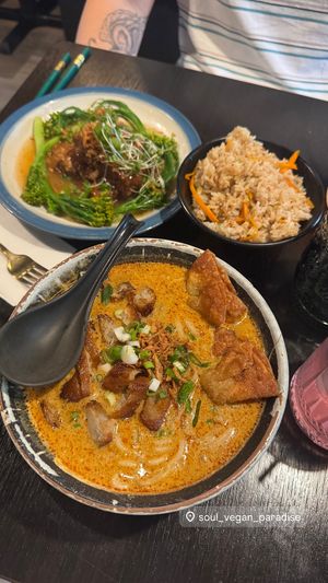 Laksa and fried ricee  at Soul Vegan in Edinburgh
