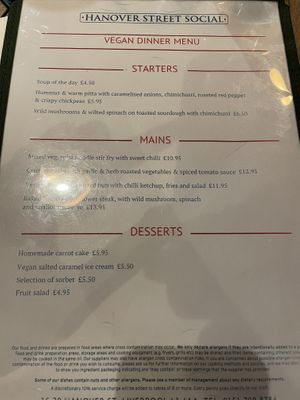 Vegan menu November 2022  at Hanover Street Social in Liverpool