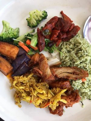 Mint rice, broccoli, mock meat char soy, eggplant, mock meat rendang, radish salad.  at Hare Krishna in Penang