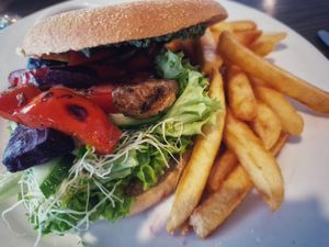 Veggie burger in vegan at Betsey Jane Eatery & Bar in Fox Glacier