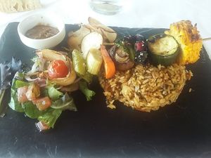 Second course - nasi goreng with vegetable skewer, salad and tamarind sauce at La Atalaia del Gardoki in Sopelana