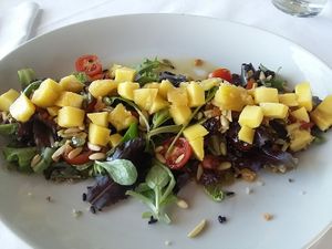 First course - salad with mango, black rice, quinoa and walnuts at La Atalaia del Gardoki in Sopelana