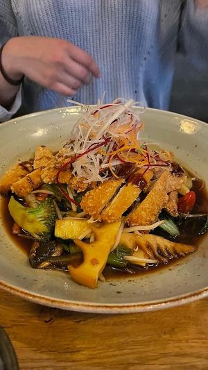 Dunkle Soße mit veganem "Hähnchen", dazu separat Reis at Mai Town in Freiburg