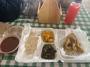 Red beans and rice w/ yellow rice & collard greens  at Veganish Vibes in Baton Rouge