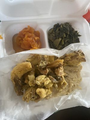 Garlic Parmesan pasta w/ candied yams & collard greens  at Veganish Vibes in Baton Rouge