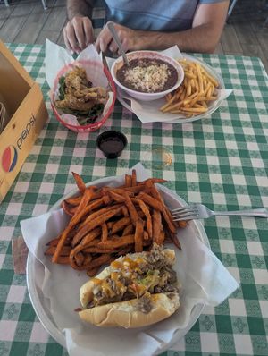 Philly Cheese steak Po Boy , Red Beans and rice, fried oyster mushrooms, yummo!! at Veganish Vibes in Baton Rouge