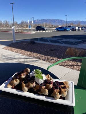 Amaranth waffles and a view  at Itality Plant Based Foods in Albuquerque
