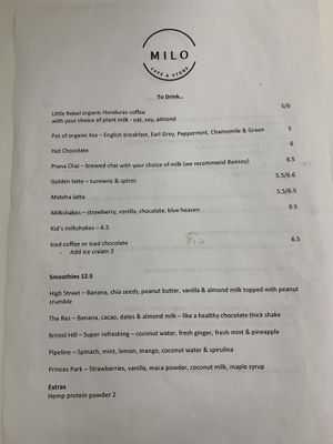 Drinks menu  at Milo Cafe and Store in Maryborough