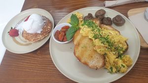 Kids pancakes and tofu scram at Milo Cafe and Store in Maryborough