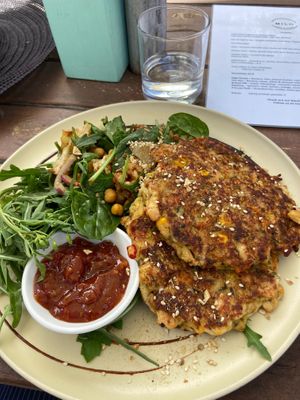Fritters, relish and salad at Milo Cafe and Store in Maryborough