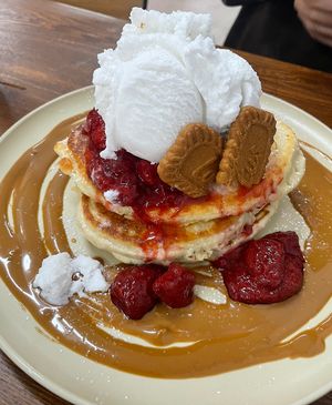 Biscoff and berry pancakes with a gigantic scoop of ice cream  at Milo Cafe and Store in Maryborough
