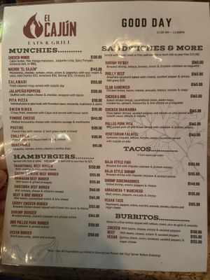Menu side one  at El Cajun in La Crucecita