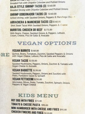 Vegan menu section  at El Cajun in La Crucecita