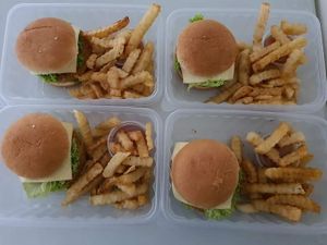 Homemade croquette burger with fries at NatureVe in Northeast Singapore