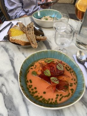 Soup in the front is vegan (watermelon, soo nice!) plus the bread is vegan too  at CrisTo in Bastia