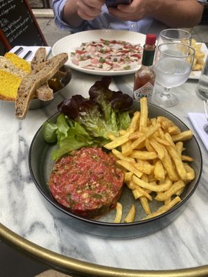 Front is vegan (watermelon tatar and fries)  at CrisTo in Bastia