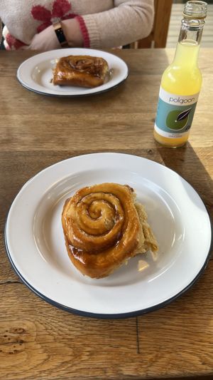 Cinnamon swirl and apple juice  at Canteen at The Eco Park in Porthtowan