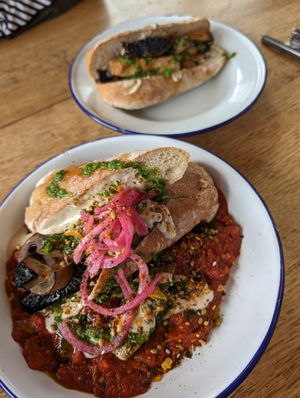 Shaksuka and a loaded mushroom roll at Canteen at The Eco Park in Porthtowan