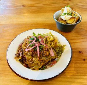 Lentil lasagna, roasties with mayo  at Canteen at The Eco Park in Porthtowan