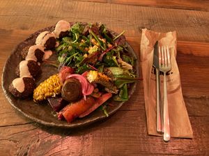 falafel plate with side of roasted veg
 at Honest Greens - Avenida in Lisbon