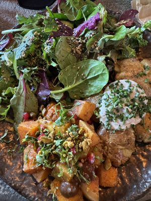 Veggies plate (black garlic pumpkin and truffle potato with double salad portion)  at Honest Greens - Avenida in Lisbon