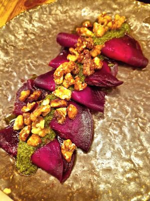 Beetroot ravioli filled with vegan ricotta cheese at Honest Greens - Avenida in Lisbon