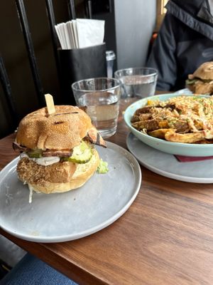 southern fried tofu sandwich + spicy loaded jojos   at Jojo in Portland